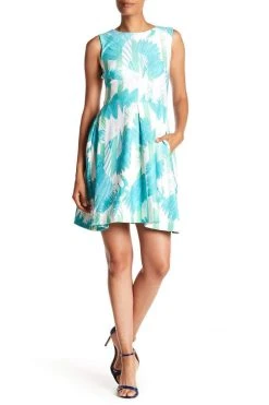 Taylor - 9766MJ Sleeveless Palm Print Pleated Dress