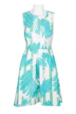 Taylor - 9766MJ Sleeveless Palm Print Pleated Dress 9 Taylor - 9766MJ Sleeveless Palm Print Pleated Dress