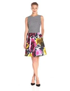 Taylor - Stripe And Floral Print A-line Dress 5997M