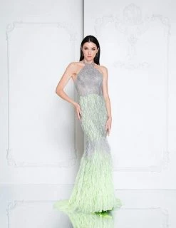 Terani Couture - 1811GL6407 Silver Embellished Halter Mermaid Dress Formal Gowns