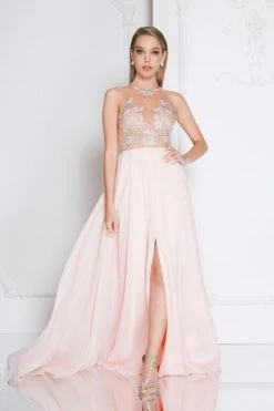 Terani Couture - 1811P5215 Beaded Nude Illusion Chiffon Gown