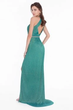 Terani Couture - 1821E7119 Pleated Metallic Knit Plunging Cutout Gown Formal Gowns