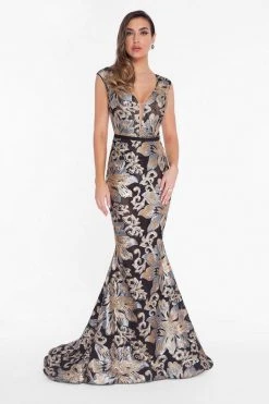 Terani Couture - 1823E7351 Sequined Lace Deep V-neck Trumpet Dress