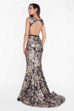 Terani Couture - 1823E7351 Sequined Lace Deep V-neck Trumpet Dress