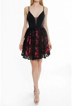 Cocktail Dresses Terani Couture - 1825H7932 Plunging Beaded Lace Overlaid A-Line Dress