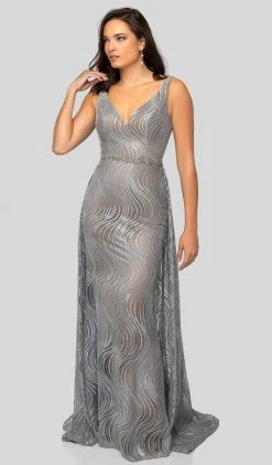 Terani Couture - 1911E9113 Sequined V Neck Gown With Overskirt Formal Gowns