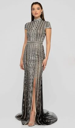 Terani Couture - 1911GL9469 Beaded High Neck Gown With Slit Formal Gowns