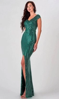 Terani Couture - 2021M2980 Surplice Bodice V-neck Long Dress - 1 Pc Hunter Green In Size 8 Available Formal Gowns