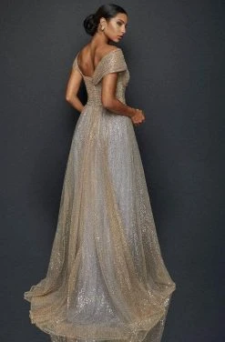 Terani Couture - Asymmetric Sequin Evening Gown 1922E0212 - 1 Pc Gold Silver In Size 2 Available Formal Gowns