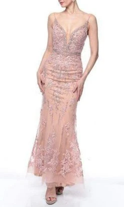 Formal Gowns Terani Couture - Bedazzled Deep V-neck Trumpet Dress 1922GL0681 - 1 Pc Rose Blush In Size 14 Available