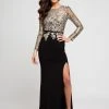 Terani Couture - Embroidered Long Sleeves Evening Gown 1723E4290 - 1 Pc Black/Gold/Nude In Size 6 Available Formal Gowns
