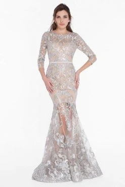 Formal Gowns Terani Couture - Embroidered Sheer Jewel Trumpet Dress 1822GL7509 - 1 Pc Silver Nude In Size 8 Available