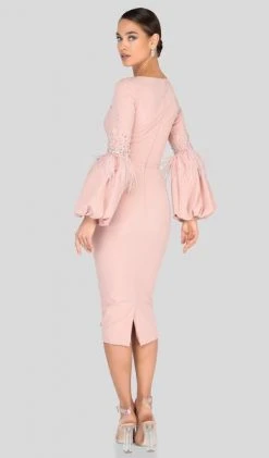 Terani Couture - Feather-Fringe Sleeve Plunging Sheath Dress 1912C9643 - 1 Pc Blush In Size 20 Available