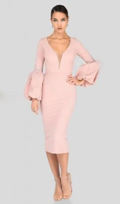 Terani Couture - Feather-Fringe Sleeve Plunging Sheath Dress 1912C9643 - 1 Pc Blush In Size 20 Available
