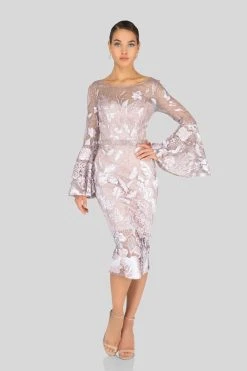 Cocktail Dresses Terani Couture - Long Bell Sleeve Embroidered Lace Dress 1913C9065 - 1 Pc Blush In Size 6 Available