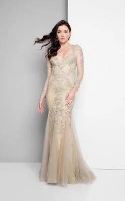 Formal Gowns Terani Couture - Long Sleeve Beaded Applique Mermaid Dress 1711M3407