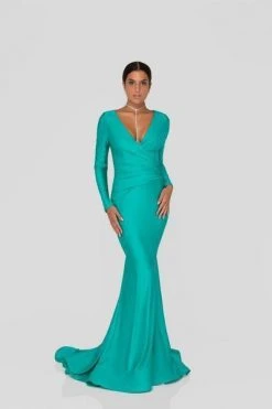 Terani Couture - Long Sleeve Open Back Satin Mermaid Gown 1912P8281 Formal Gowns