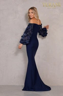 Formal Gowns Terani Couture - Off Shoulder Floral Accent Puff Sleeves Gown 1911E9128