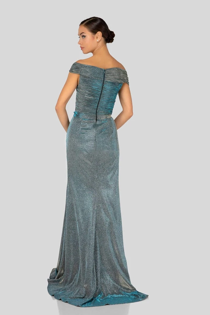 Terani Couture - Off Shoulder Shirred Metallic Gown 1911M9344 - 1 Pc. Gunmetal Silver In Size 12 Available Formal Gowns 4 Terani Couture - Off Shoulder Shirred Metallic Gown 1911M9344 - 1 Pc. Gunmetal Silver In Size 12 Available Formal Gowns