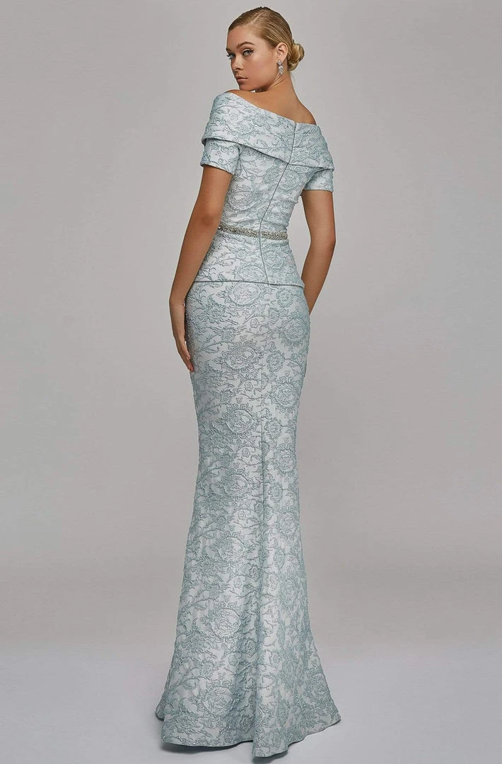Terani Couture - Off Shoulder V Neck Beaded Belt Sheath Gown 1921M0727 Formal Gowns 4 Terani Couture - Off Shoulder V Neck Beaded Belt Sheath Gown 1921M0727 Formal Gowns