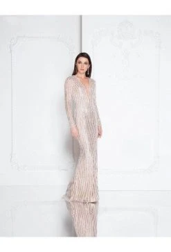 Terani Couture - V-Neck Beaded Stripe Formal Dress 1811GL6436 - 1 Pc Crystal Nude In Size 0 Available Formal Gowns