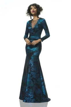 Theia - 882988 V Neck Long Sleeves Floral Trumpet Gown