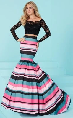 Formal Gowns Tiffany Designs - 16201 Two-Piece Off Shoulder Striped Mermaid Gown