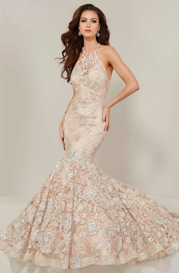 Formal Gowns Tiffany Designs - 16366 Floral Sequined Illusion Halter Mermaid Gown 3 Formal Gowns Tiffany Designs - 16366 Floral Sequined Illusion Halter Mermaid Gown