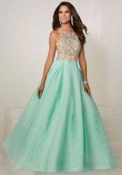 Tiffany Designs - Jeweled Illusion Halter Brocade Ballgown 16289 - 1 Pc Nude/Aqua In Size 4 Available