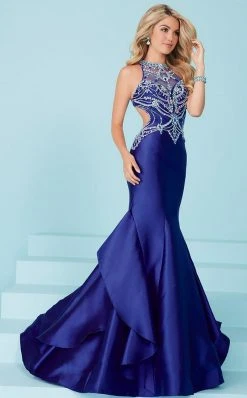 Tiffany Homecoming - 16245 Extravagant Beaded Illusion Neck Mermaid Dress 1 Pc Gunmetal/AB In Size 4 Available Formal Gowns