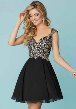 Tiffany Homecoming - Cap Sleeve Bead Adorned A-Line Dress 27165 - 1 Pc Red/Gold In Size 4 Available Cocktail Dresses