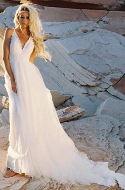 Wilderly Bride By Allure Bridals - Lace V-Neck A-Line Gown F194 - 1 Pc Sand/Champagne/Ivory In Size 10 Available Long Dresses