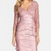 Adrianna Papell 12245620 V-Neck Lace Bodice Tiered Sheath Mini Dress - 1 Pc. Ash Rose In Size 6 Available 1 Adrianna Papell 12245620 V-Neck Lace Bodice Tiered Sheath Mini Dress - 1 Pc. Ash Rose In Size 6 Available