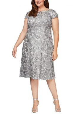 Alex Evenings - 4121570 Lace Cap Sleeves Plus Size Knee Length Dress