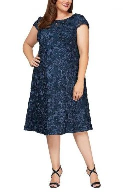 Alex Evenings - 4121570 Lace Cap Sleeves Plus Size Knee Length Dress