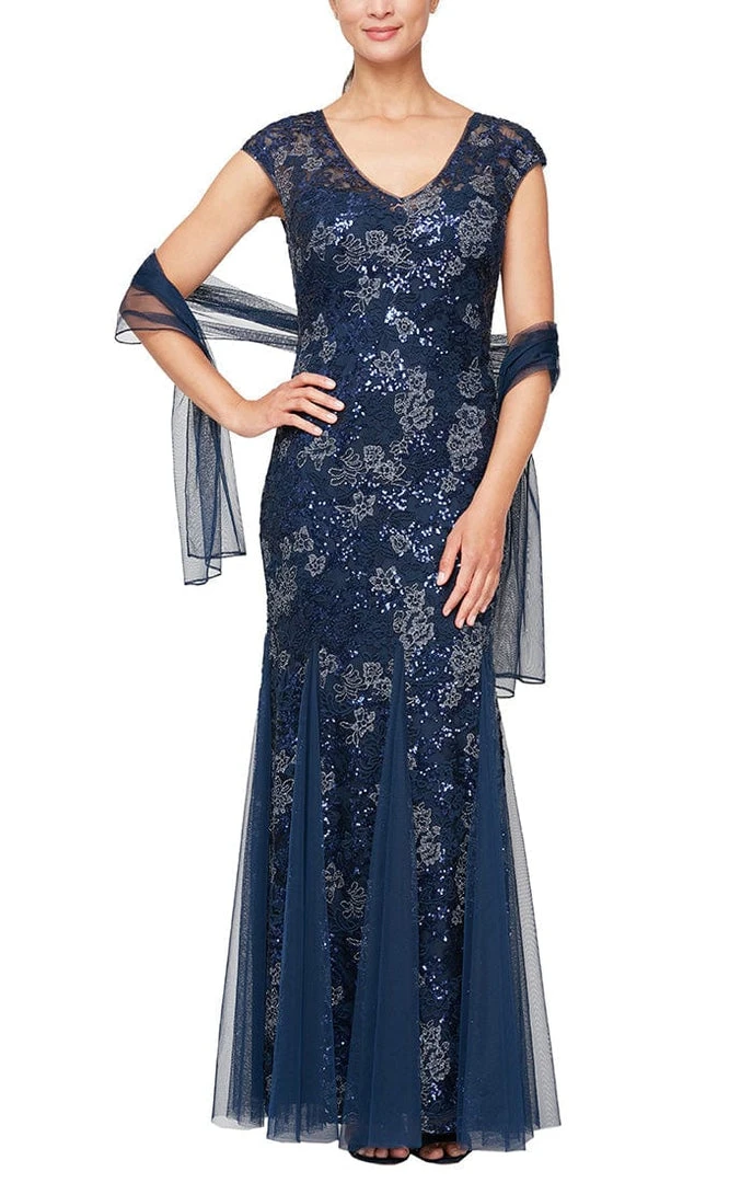 Alex Evenings - 8117897 V-Neck Floral Embroidered Gown With Shawl 5 Alex Evenings - 8117897 V-Neck Floral Embroidered Gown With Shawl