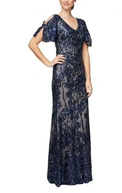 Alex Evenings - 8196611 Flutter Sleeves Sequined Long Gown 16 Alex Evenings - 8196611 Flutter Sleeves Sequined Long Gown