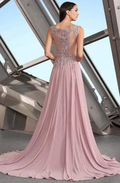 Alexander By Daymor - 1157 Beaded Appliqued High Slit Chiffon Dress