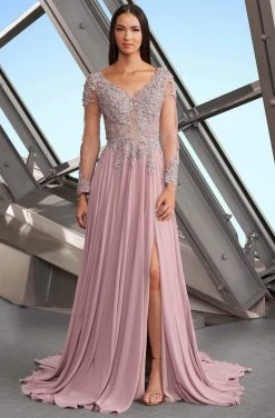 Alexander By Daymor - 1157 Beaded Appliqued High Slit Chiffon Dress