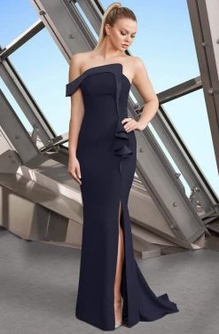 Alexander By Daymor - 1188 Asymmetric Neckline Ruffled Accent Evening Gown