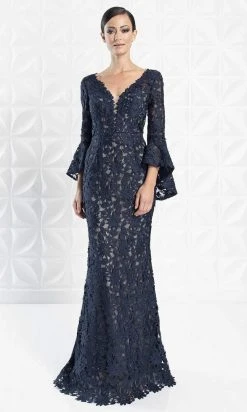Alexander By Daymor - 1276 Circular Flounce V-Neck Floral Lace Gown