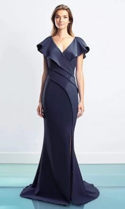 Alexander By Daymor - 1456 Cap Sleeves V-Neck Trumpet Gown With Slit