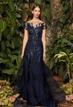 Alexander By Daymor - 961 Cap Sleeve Sequin-Ornate Embroidered Gown