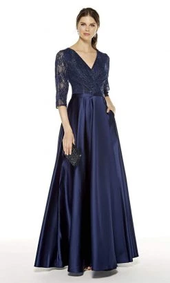 Alyce Paris - 27387 Lace V-Neck Satin A-Line Dress