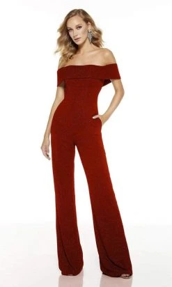 Alyce Paris - 60802 Glitter Jersey Off-Shoulder Jumpsuit