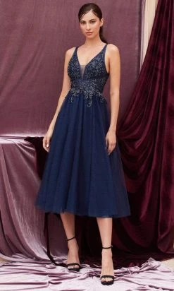 Andrea And Leo - A0762S Beaded Plunging V Neck Tea Length Dress