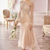 Andrea And Leo - A0997S Pearl Embellished Illusion Sleeve High Low Dress