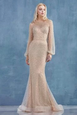 Andrea And Leo - A0997W Pearl Studded Sheer Sleeve Trumpet Gown