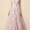 Andrea And Leo - A1028 Floral Applique Deep V Neck Ballgown