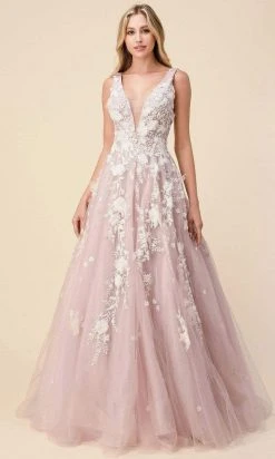 Andrea And Leo - A1028 Floral Applique Deep V Neck Ballgown